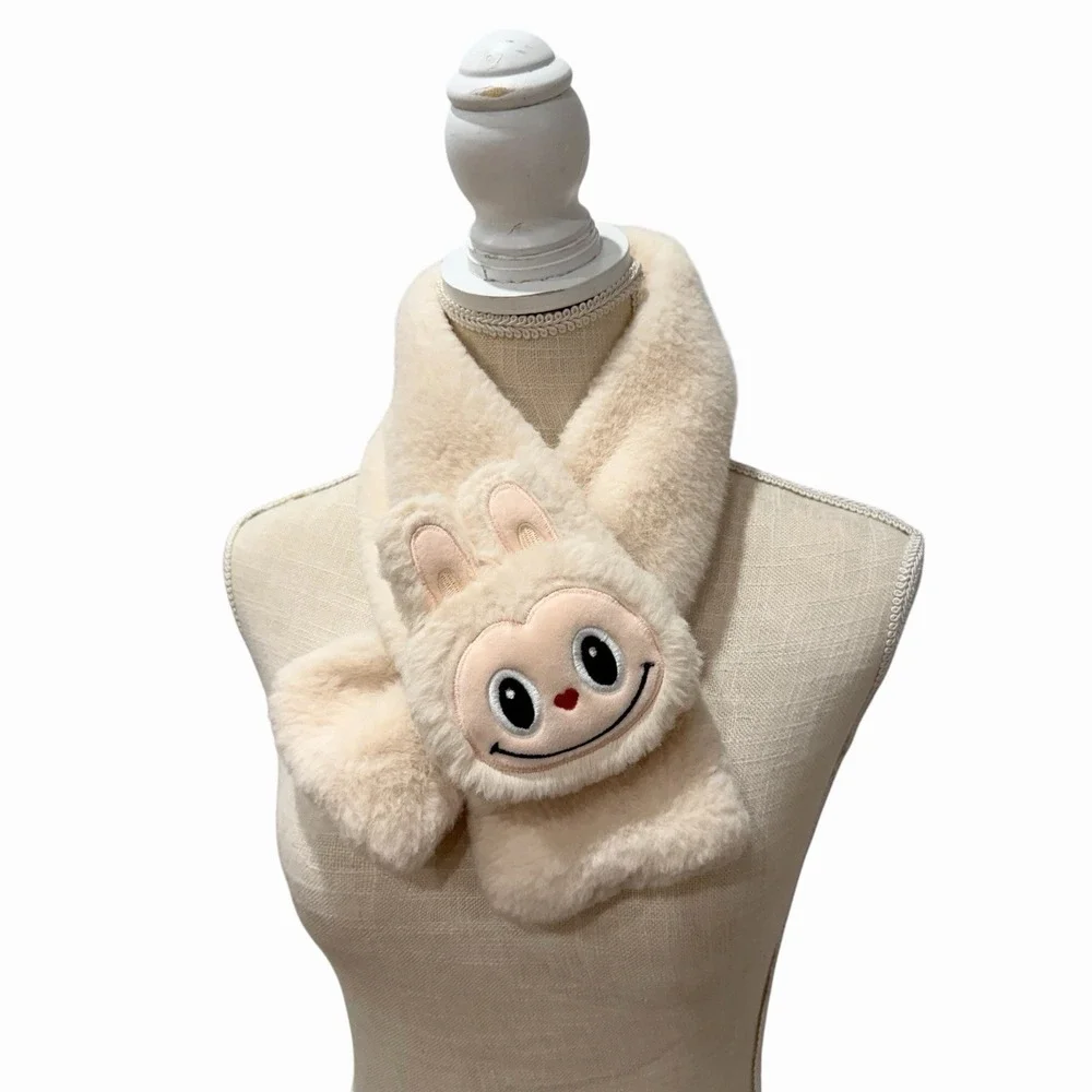 Cute Plush Bunny Face Faux Fur Scarf Cream Winter Neck Warmer Soft Cozy 32